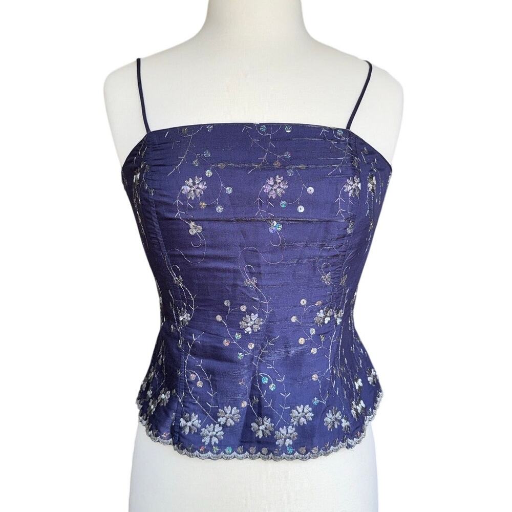 Vintage ASPEED Corset Top Navy Embroidered Sequin Fairy Goth Y2K Bustier Whimsy